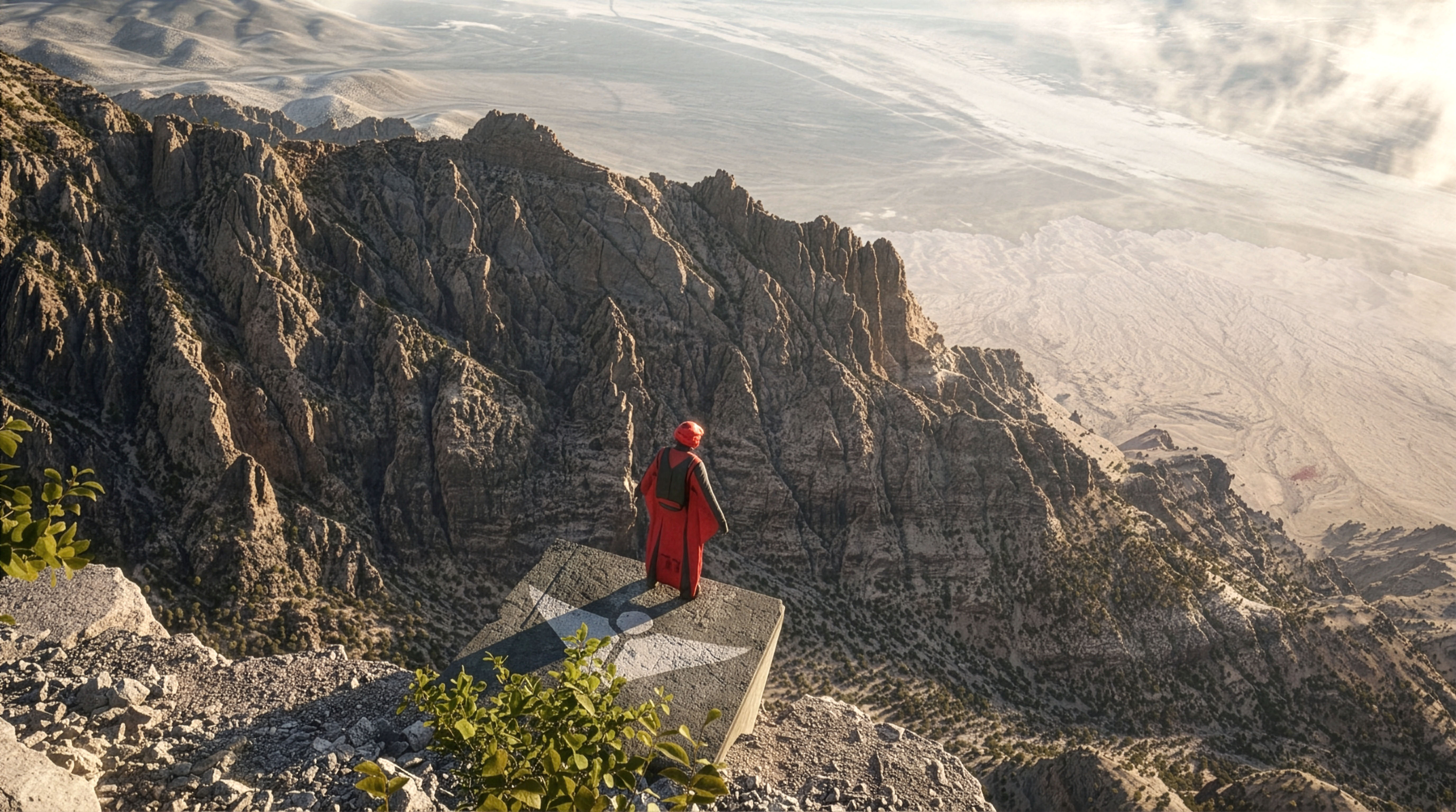 Wingsuit flyer overlooking a mountain ridge